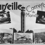 Une carte postale mult-vues de Marseille, avec la tour de télévision en toile de fond.